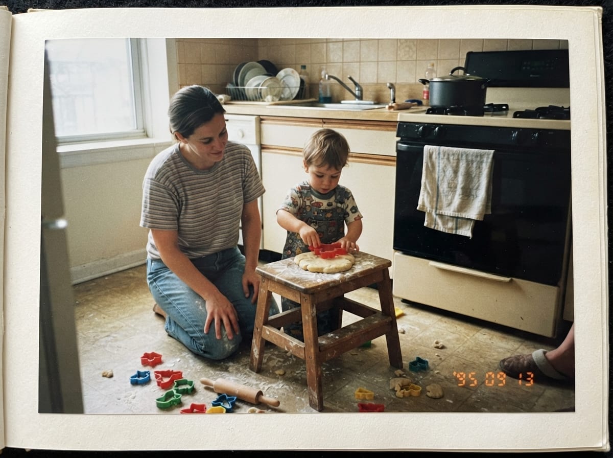 Une mère accroupie dans la cuisine aide son enfant de trois ans à découper de la pâte à modeler maison sur un petit tabouret.