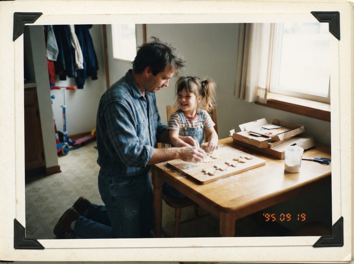 Un père et son enfant de 5 ans façonnent des figurines en pâte à sel sur la table de la cuisine.