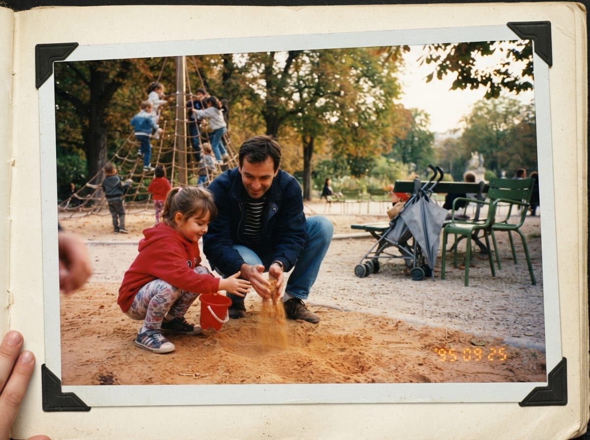 Un parent et son enfant de 4 ans accroupis dans le bac à sable d'une aire de jeux d'un jardin parisien, en fin d'après-midi.