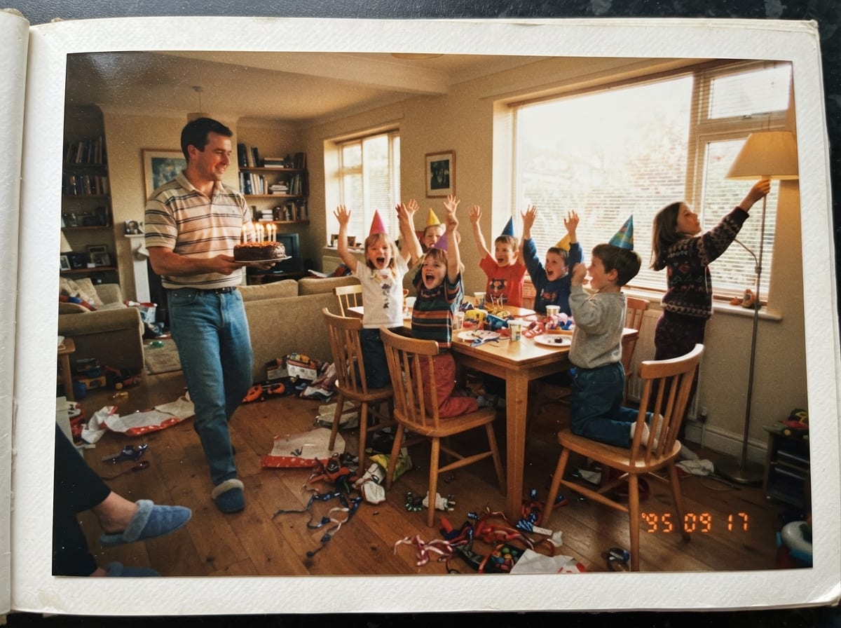 Un père apporte un gâteau à cinq bougies sur la table du salon, entouré d'enfants en chapeaux de fête.