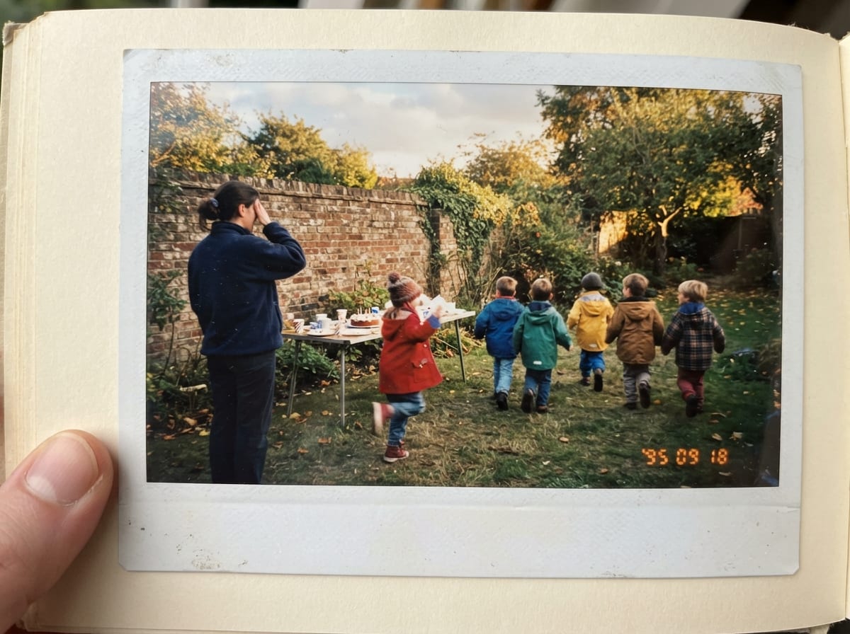 Des enfants jouent a 1-2-3 soleil dans un jardin pendant un gouter d'anniversaire, une mere compte face au mur.