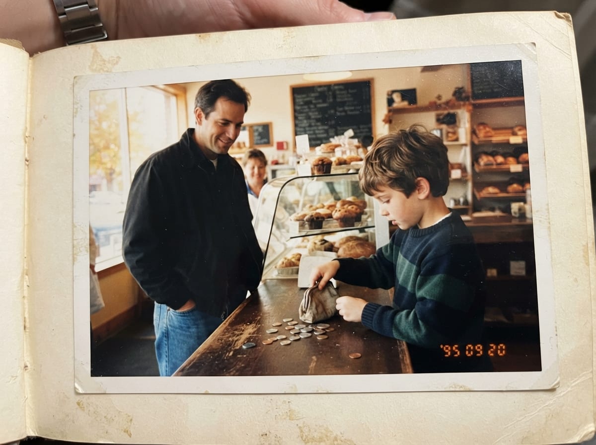 Un enfant compte ses pièces sur le comptoir d'une boulangerie pendant que son père attend à côté de lui.