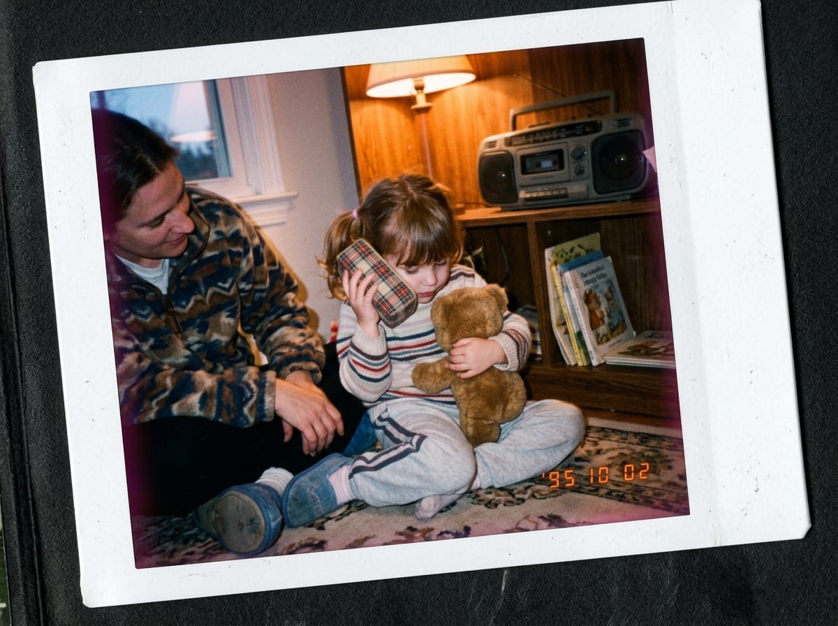 Une petite fille assise sur le tapis de sa chambre écoute une boîte à histoires en serrant son ours, à côté d'un parent et d'un radiocassette.