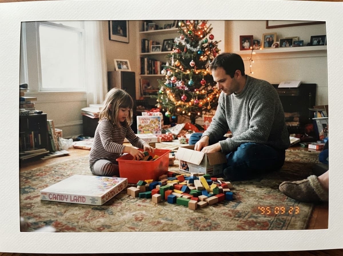 Un père et son enfant de 5 ans trient des jeux de construction sur le tapis du salon devant un sapin.