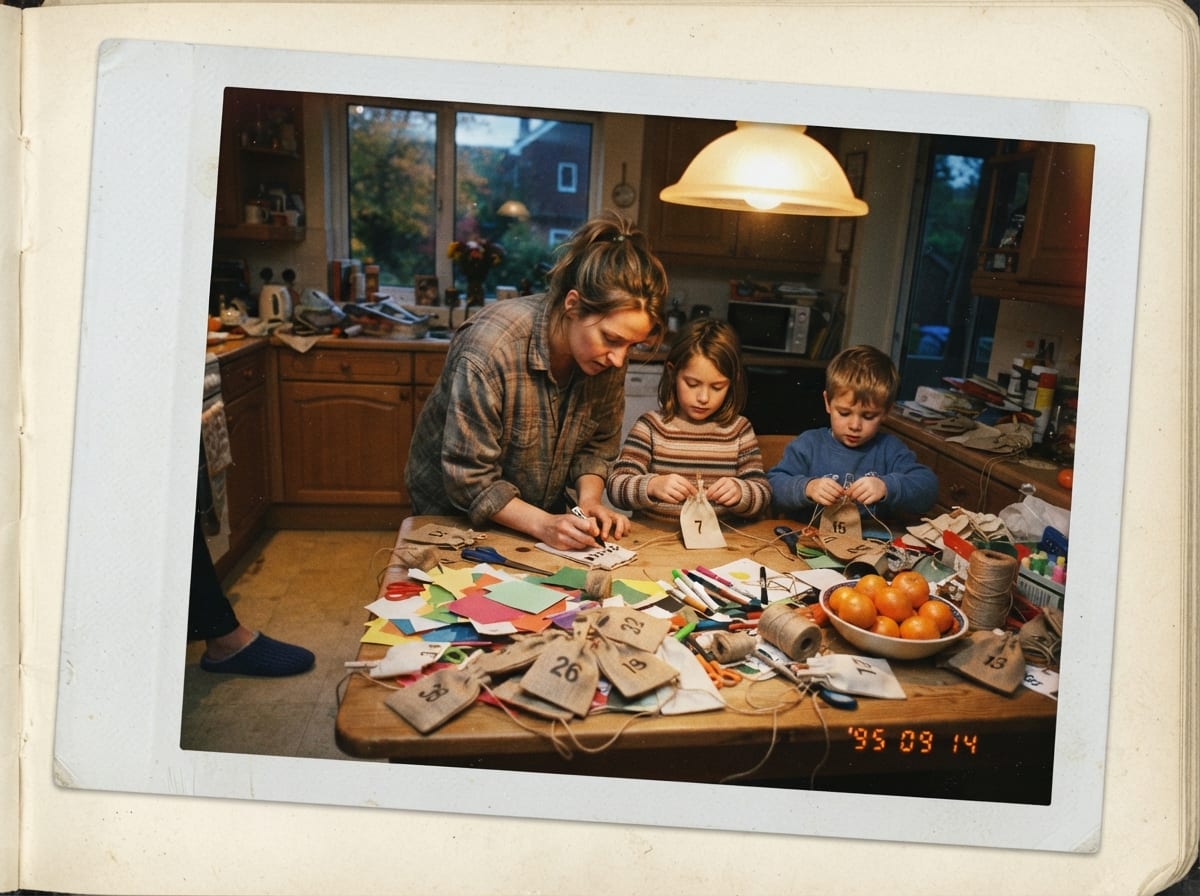 Une mère et ses deux enfants numérotent des pochettes en tissu sur la table de la cuisine, un soir d'automne.