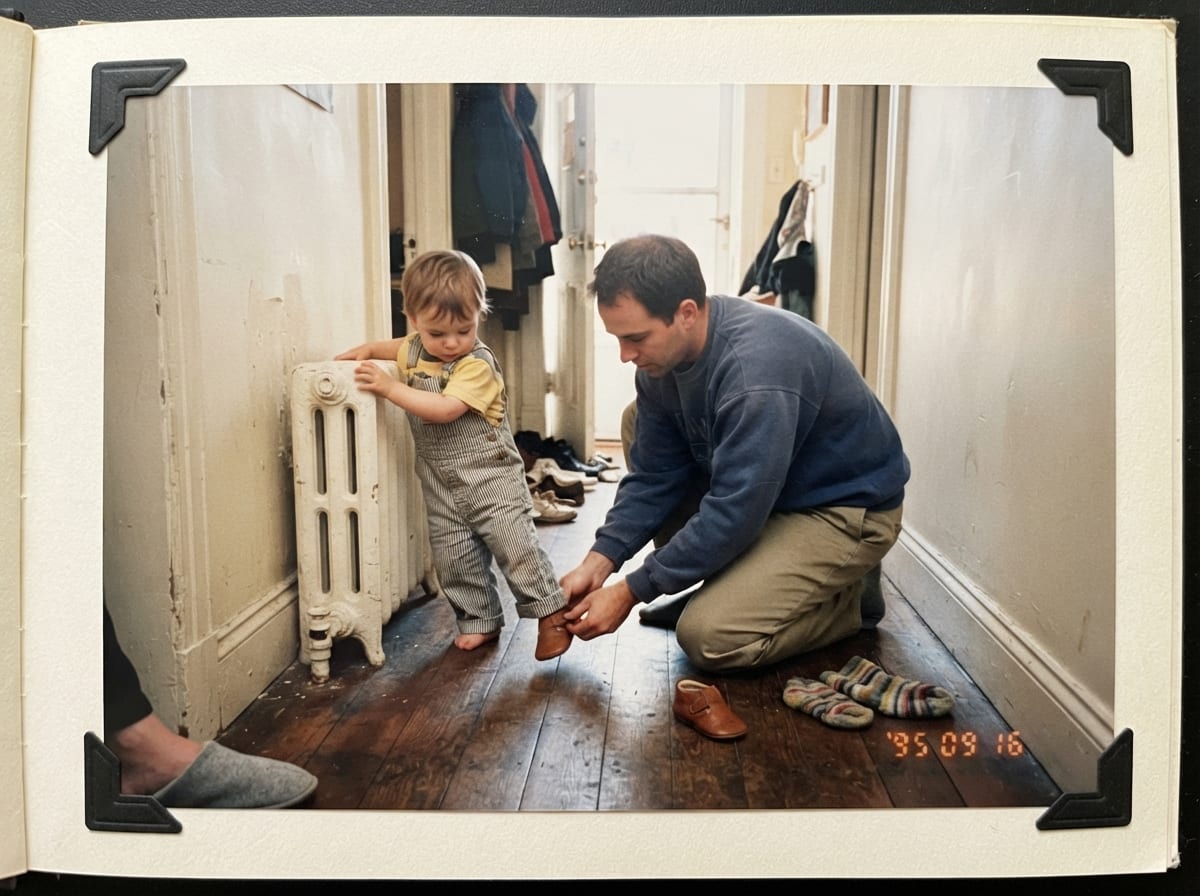 Un père chausse son tout-petit dans l'entrée d'un appartement, l'enfant se tient debout en s'accrochant au radiateur.