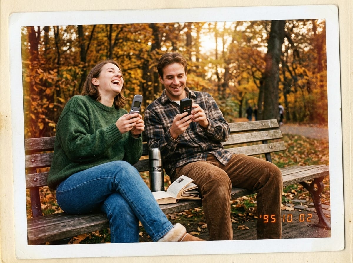 Deux adultes rient sur un banc de parc en automne, l'un ouvre un téléphone à clapet, l'autre tient un téléphone à touches.