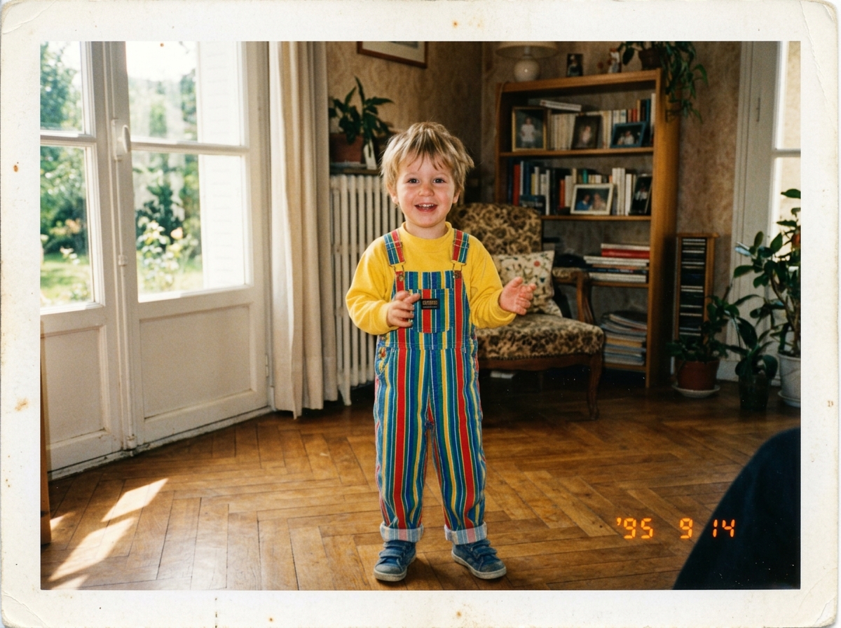 Enfant en salopette OshKosh vintage, été 90s