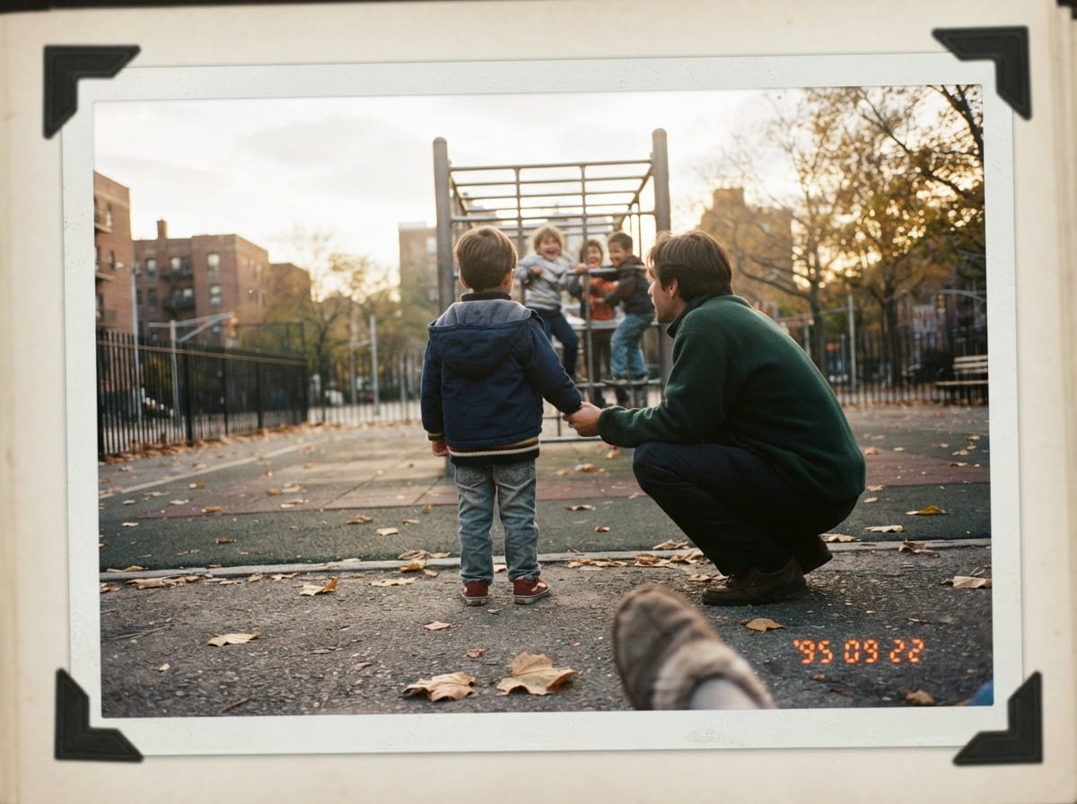 Un enfant observe les autres enfants au bord d'une aire de jeux pendant qu'un parent accroupi lui parle calmement.