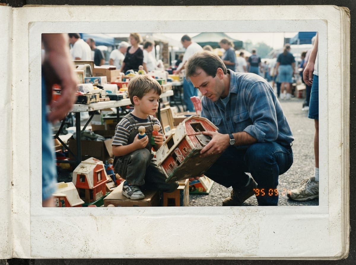 Un pere et son enfant examinent une vieille ferme en plastique et bois sur une table de vide-grenier, un matin.
