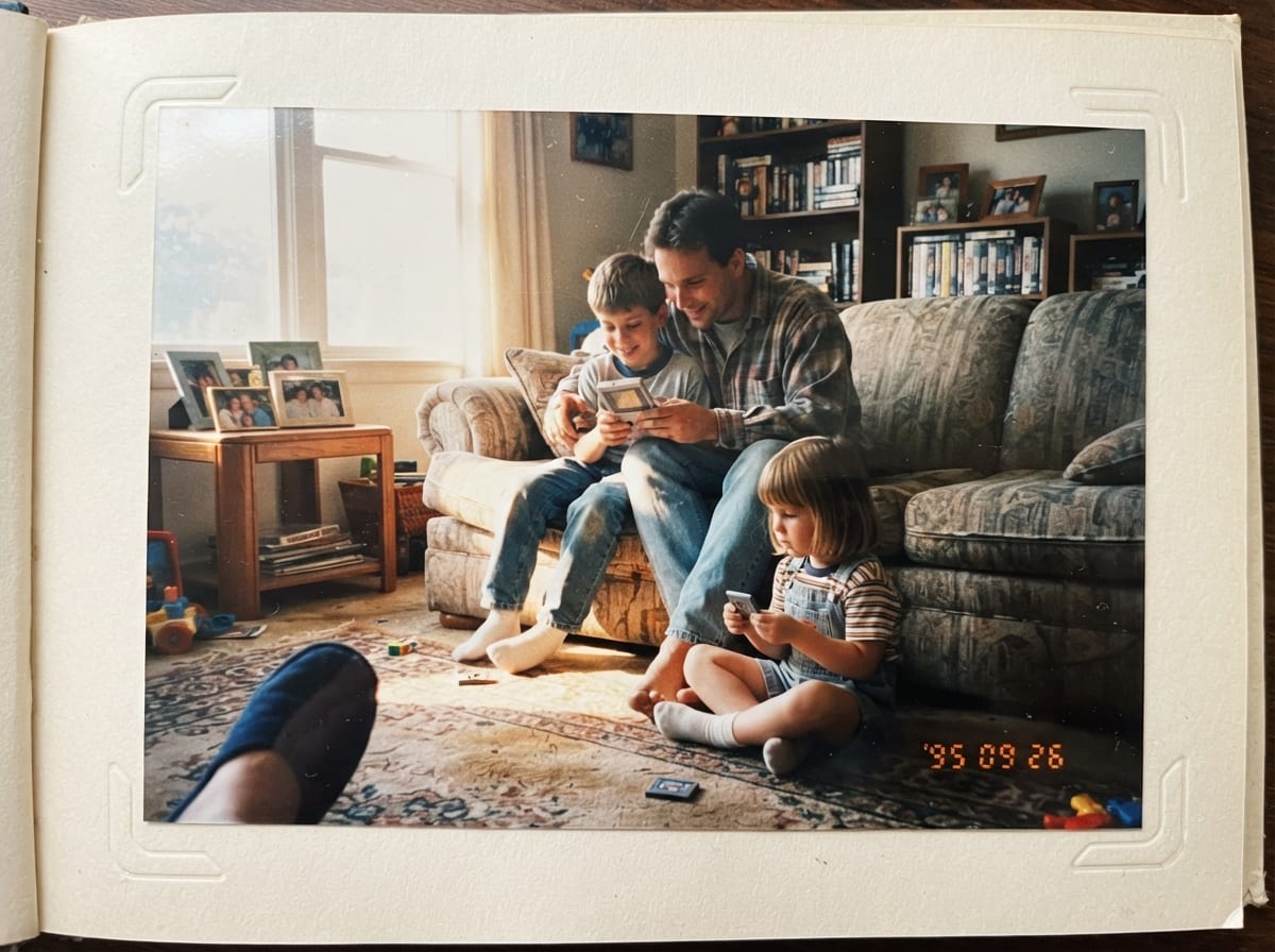 Un père et son fils partagent une petite console portable sur le canapé du salon, près de la fenêtre, en fin d'après-midi.