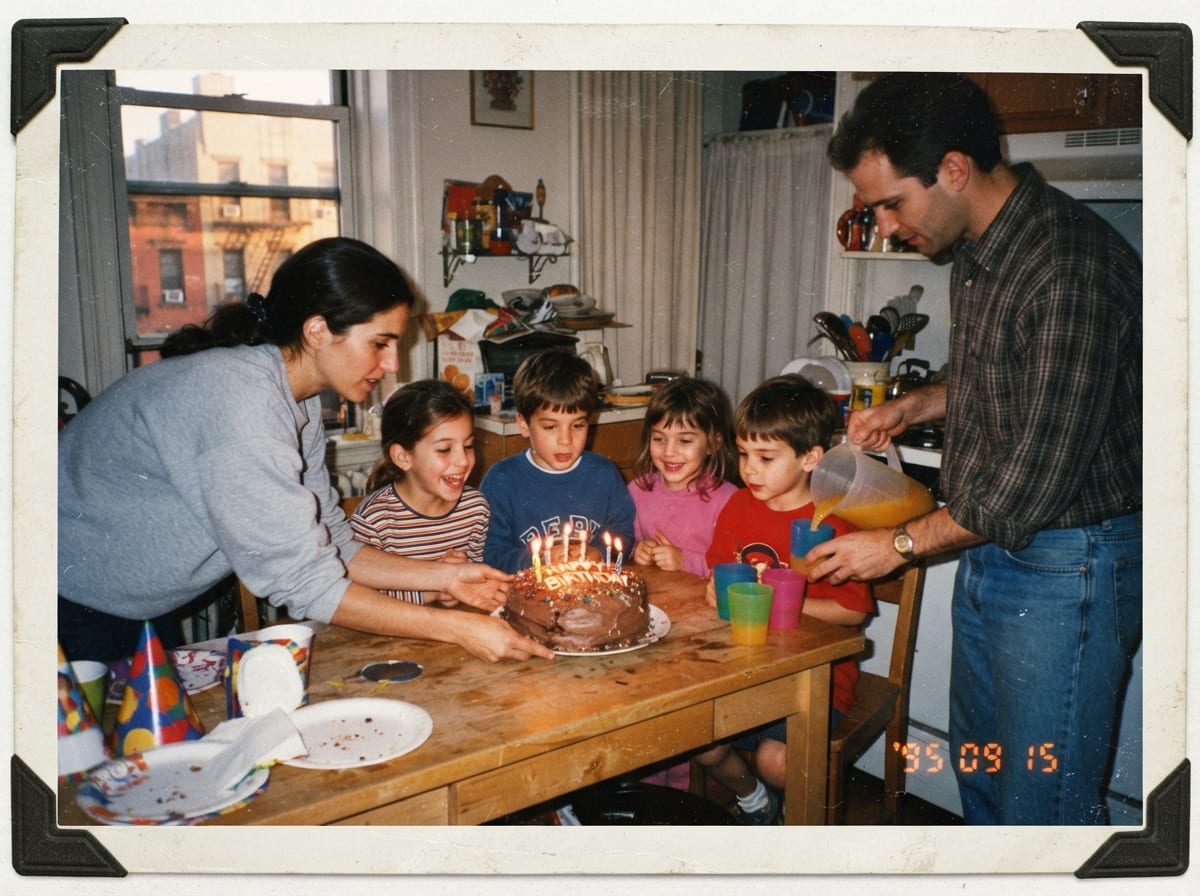 Des enfants attablés dans une cuisine autour d'un gâteau d'anniversaire maison pendant qu'un parent verse le jus.