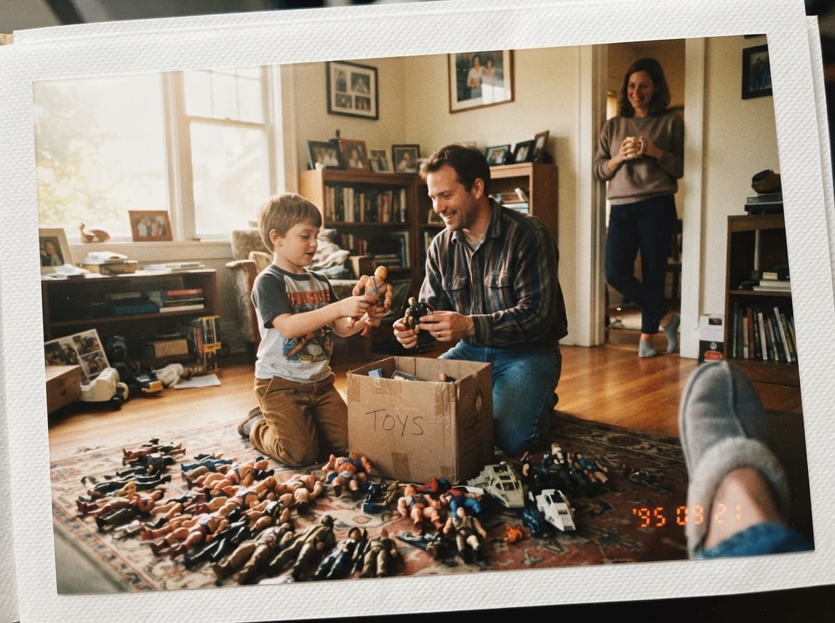 Un père et son fils trient une caisse de vieilles figurines sur le tapis du salon.
