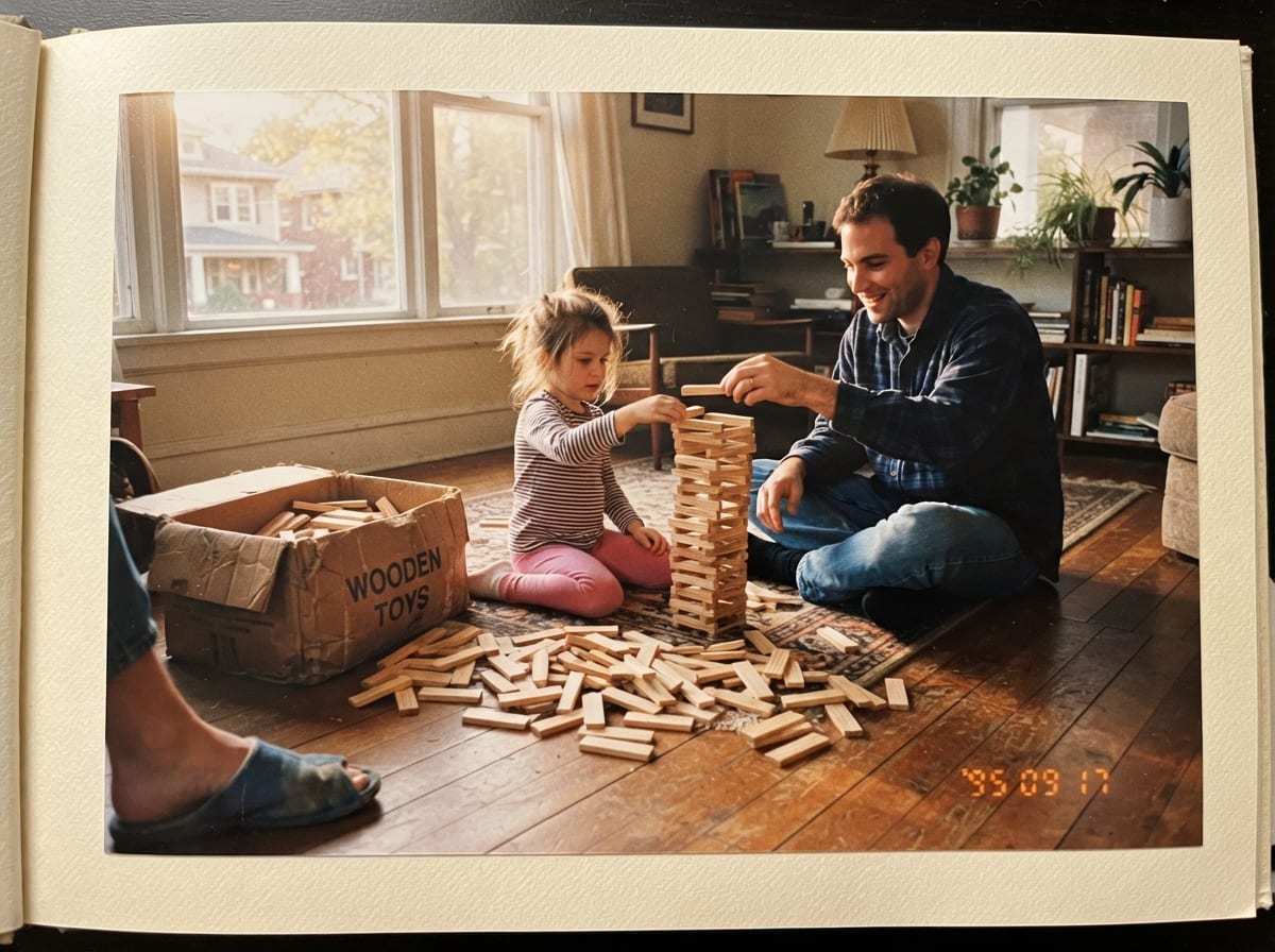 Un père et sa fille construisent une tour en planchettes de bois sur le parquet du salon, en fin d'après-midi.