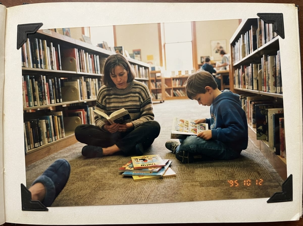 Une mere et son fils de 8 ans assis par terre dans un rayon de bibliotheque, chacun un livre ouvert sur les genoux.