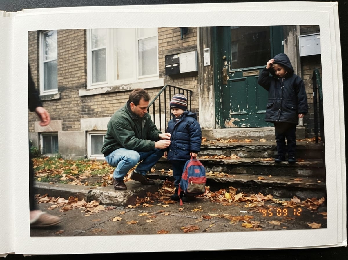 Un pere ferme le manteau d'hiver de son fils sur le pas de la porte, un matin d'automne, pendant que sa soeur ainee remonte sa capuche.