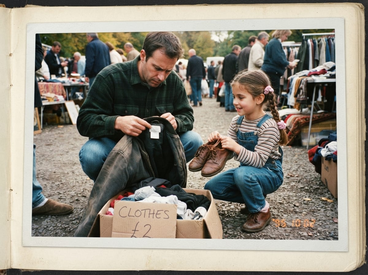 Un pere et sa fille examinent l'etiquette d'un blouson de seconde main sur un stand de brocante.