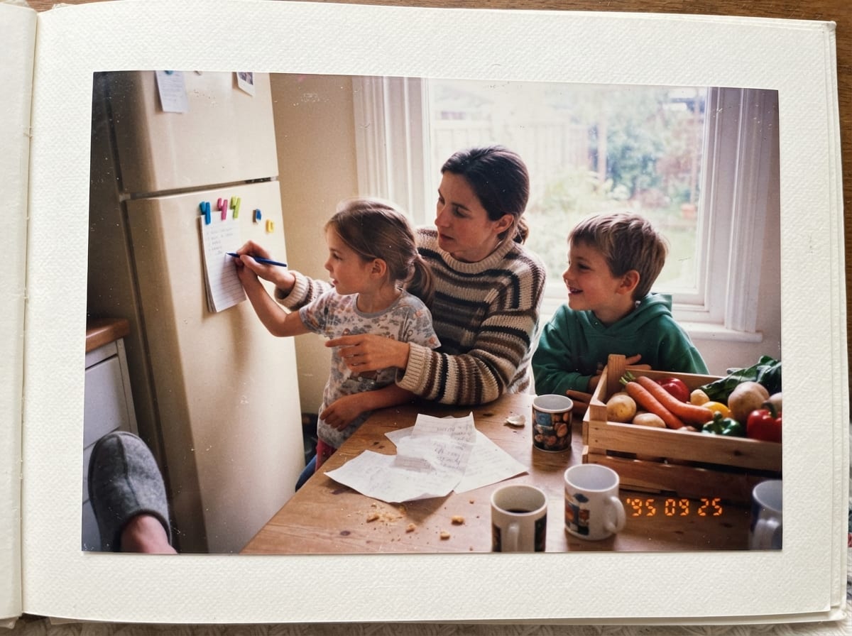 Une mère et ses deux enfants écrivent le menu de la semaine à la table de la cuisine, un dimanche matin.