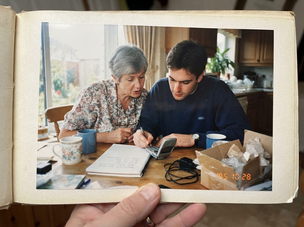 Une femme et son fils adulte configurent ensemble un petit telephone a touches sur la table de la cuisine, le matin.