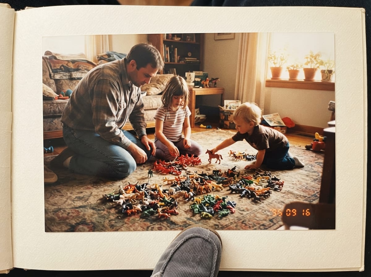 Un pere et ses deux enfants trient une caisse de petites figurines en plastique sur le tapis du salon.