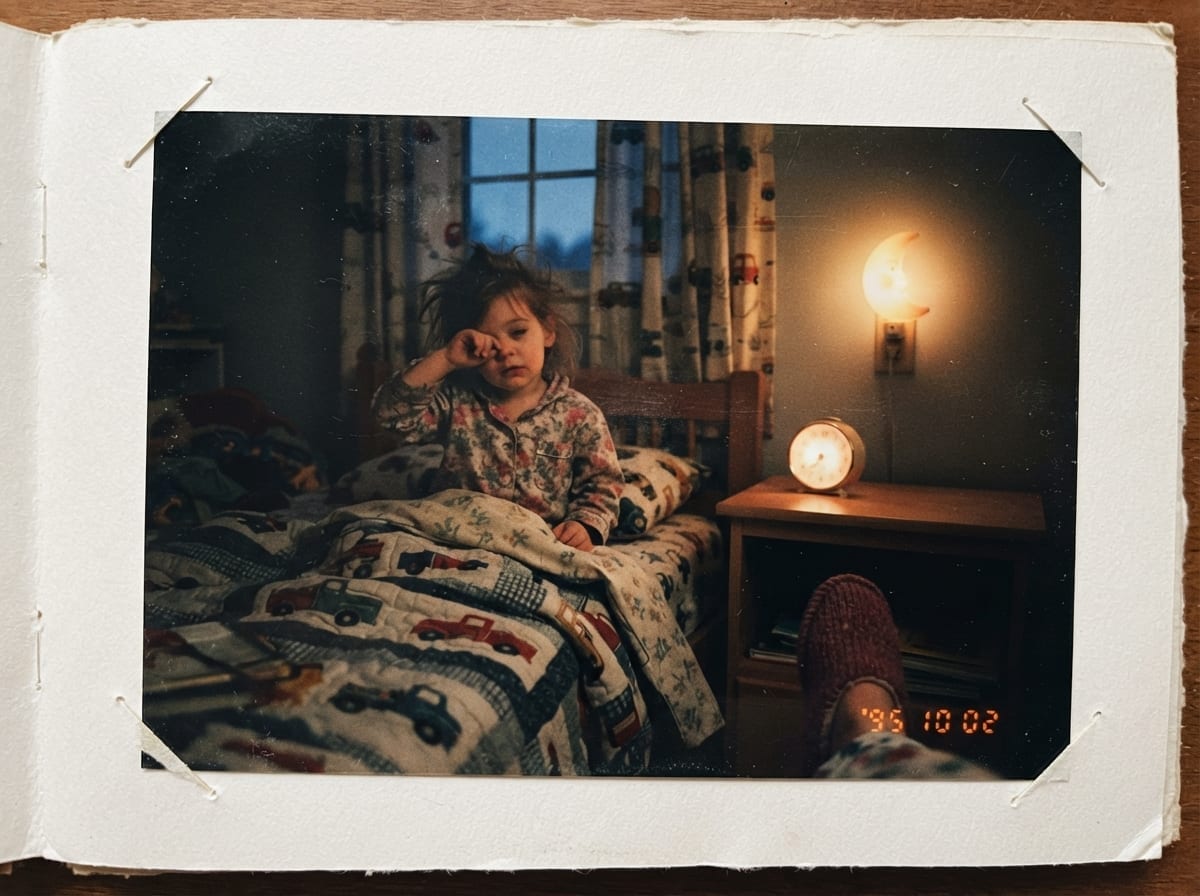 À l'aube, une enfant se frotte les yeux dans son lit à côté d'un petit réveil lumineux et d'une veilleuse en forme de lune.