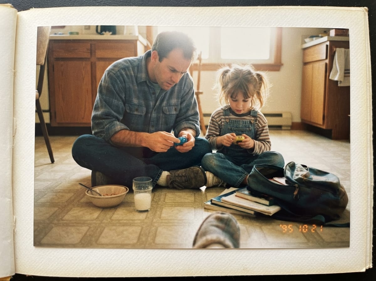 Un père et sa fille assis par terre dans la cuisine, chacun concentré sur son petit animal virtuel en forme d'oeuf.