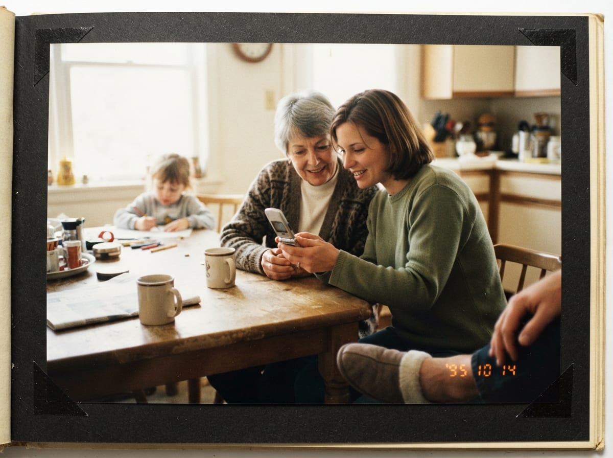 Une femme montre a sa mere comment utiliser un petit telephone a clapet, dans une cuisine le matin.