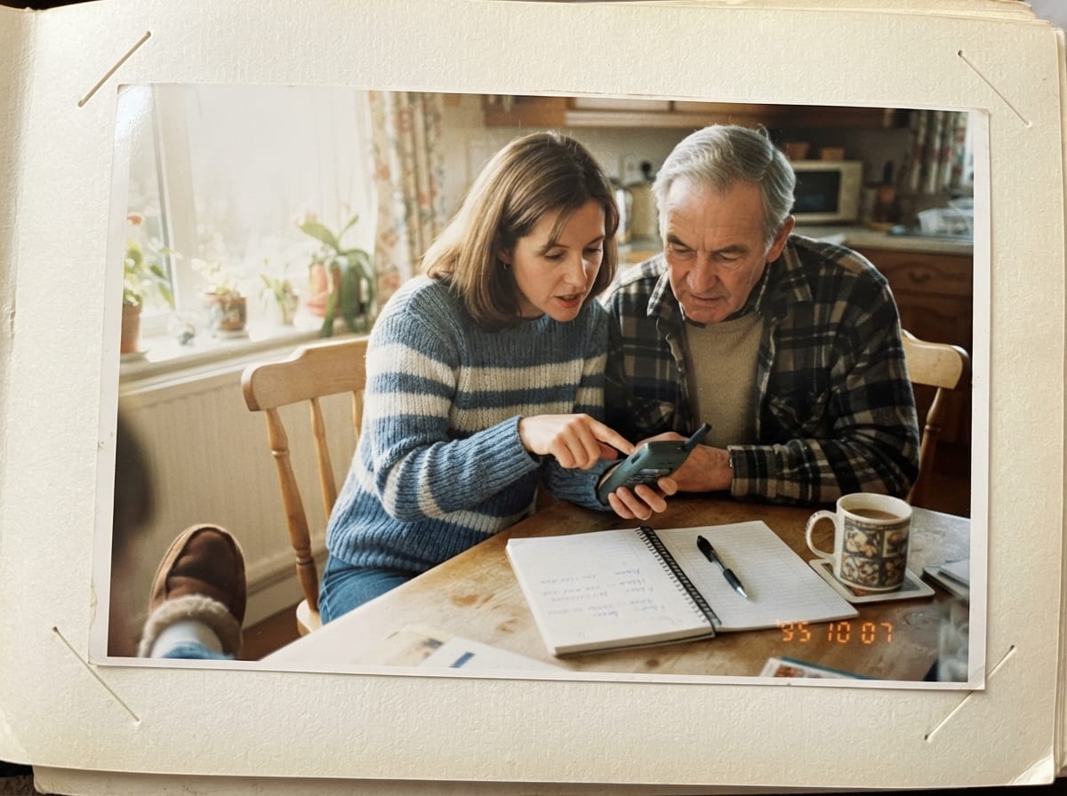 Une femme configure un téléphone à grosses touches avec son père âgé, assis à la table de la cuisine.
