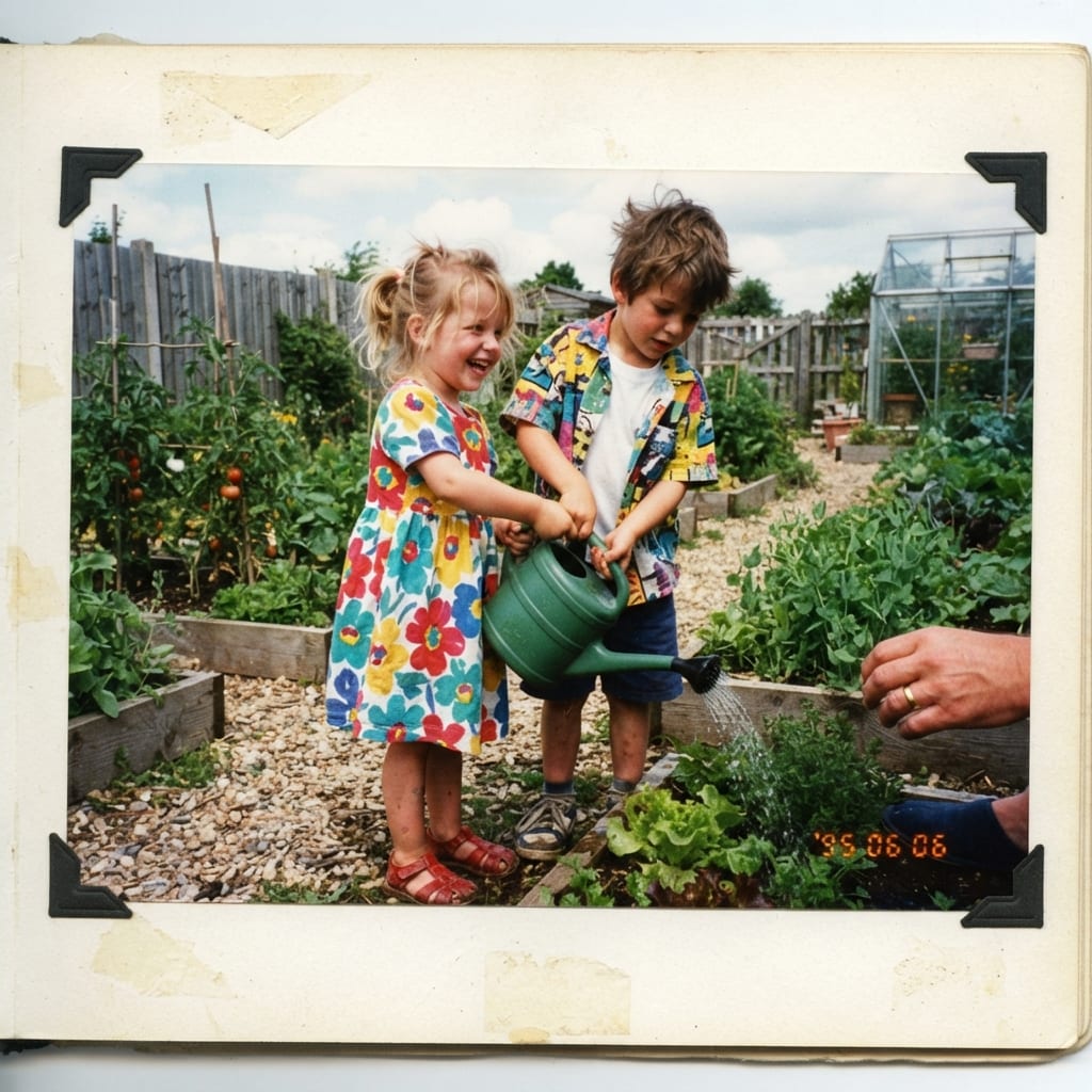 Une fillette en robe à imprimés colorés et un garçon en chemise fantaisie arrosent le potager, photo de famille des années 90