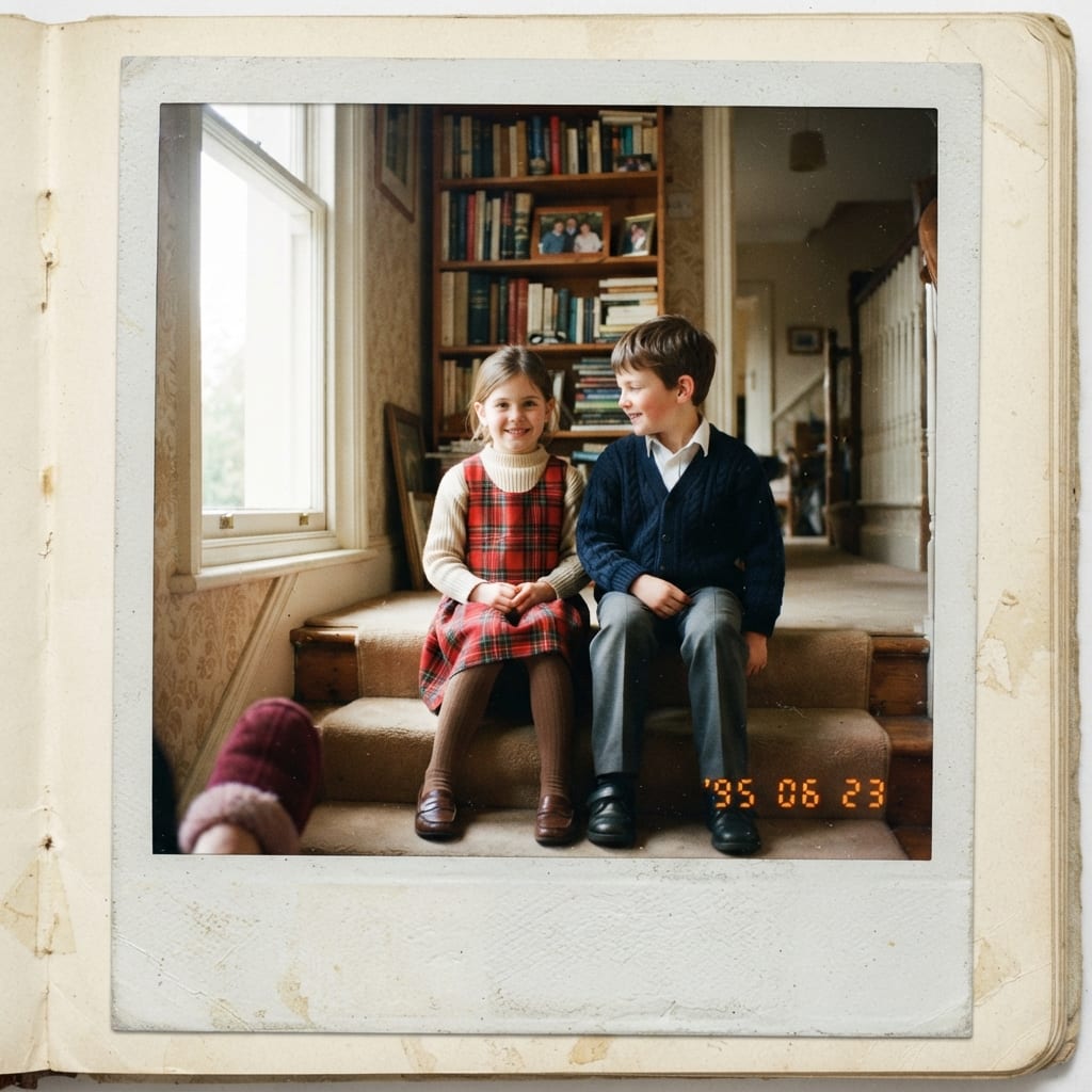 Un frère et une sœur en gilet marine et robe écossaise assis dans l'escalier de la maison, photo de famille des années 90