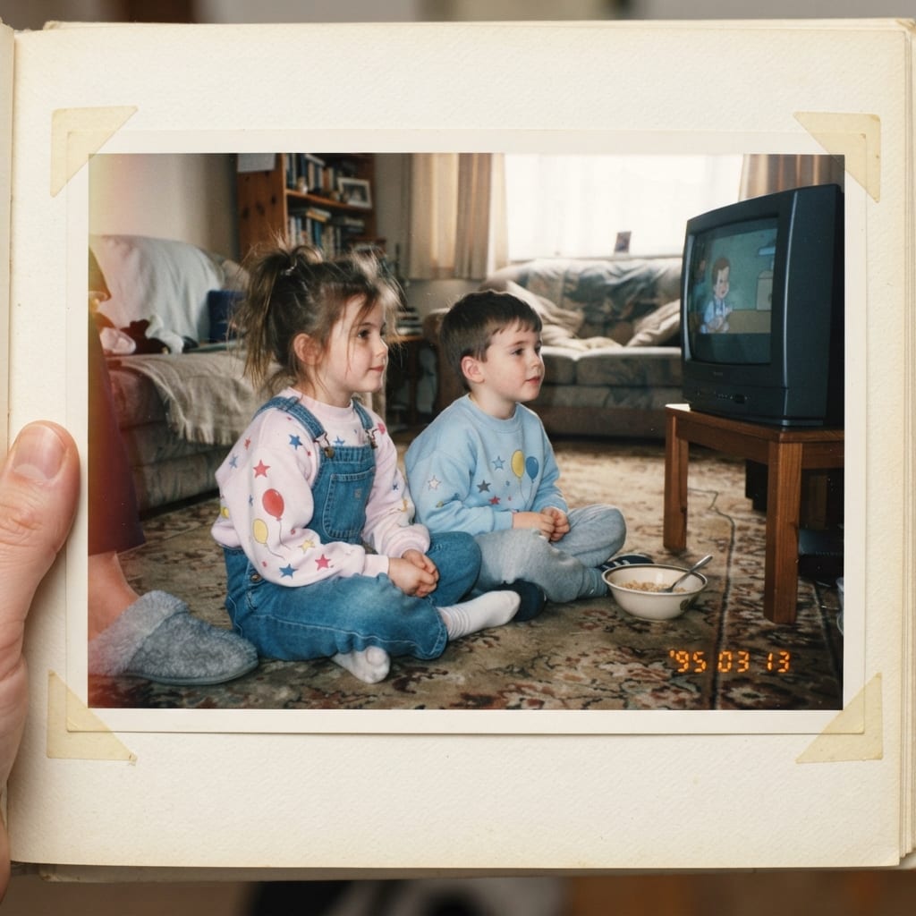 Deux enfants en sweat pastel à étoiles devant la télé un samedi matin, photo de famille des années 90