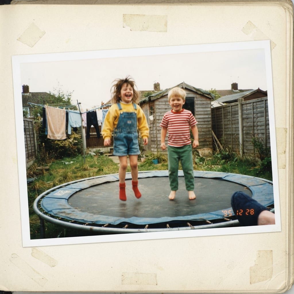 Deux enfants en vêtements aux couleurs vives qui sautent sur un trampoline dans un jardin, photo de famille des années 90