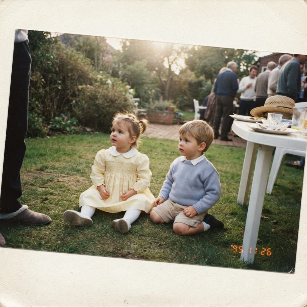 Deux tout-petits en tenue classique et soignée sur la pelouse d'un déjeuner dominical, photo de famille des années 80