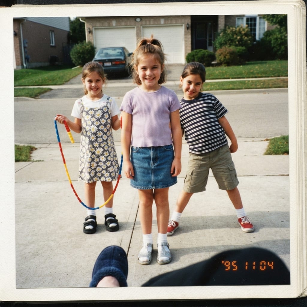 Trois fillettes en tenues girly à la mode des années 90 sur le trottoir, photo de famille