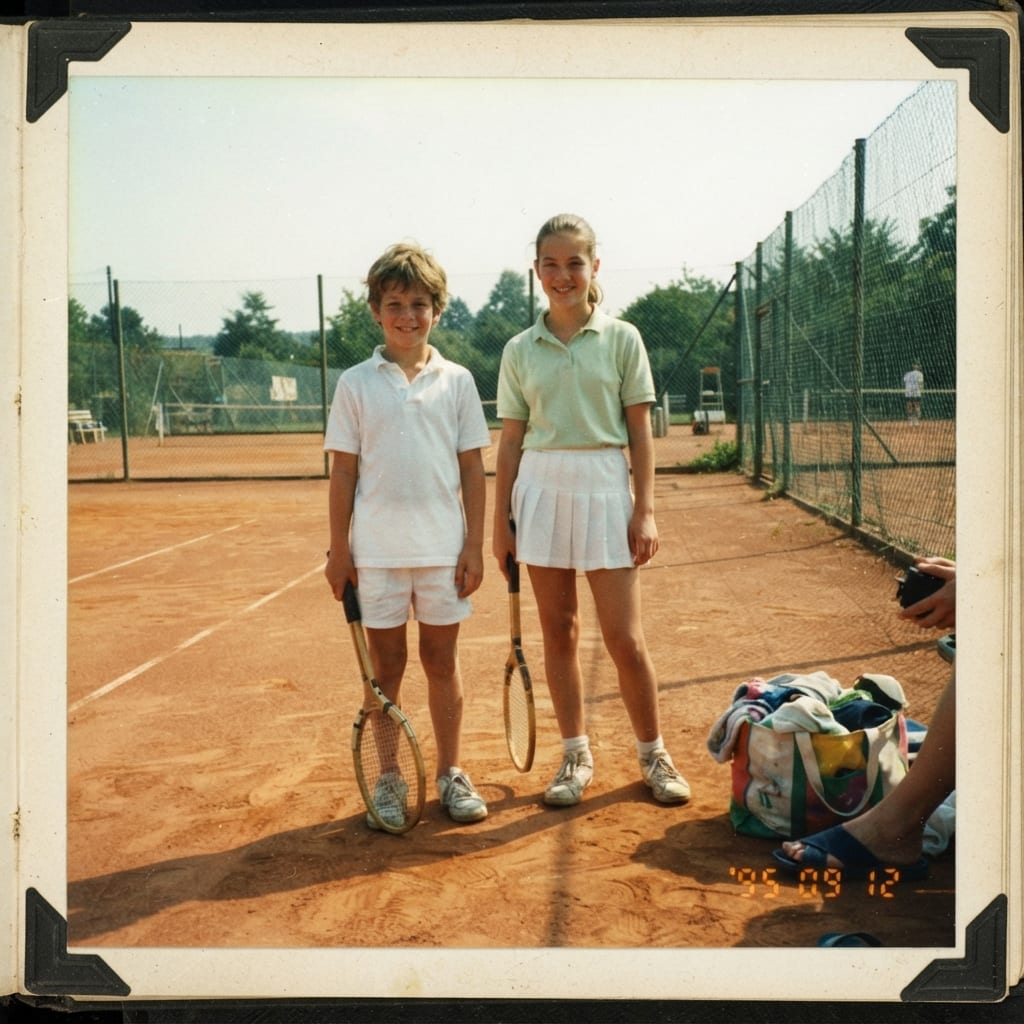 Un garçon et sa grande sœur en polo blanc et vert sur un court de tennis en terre battue, photo d'été des années 80