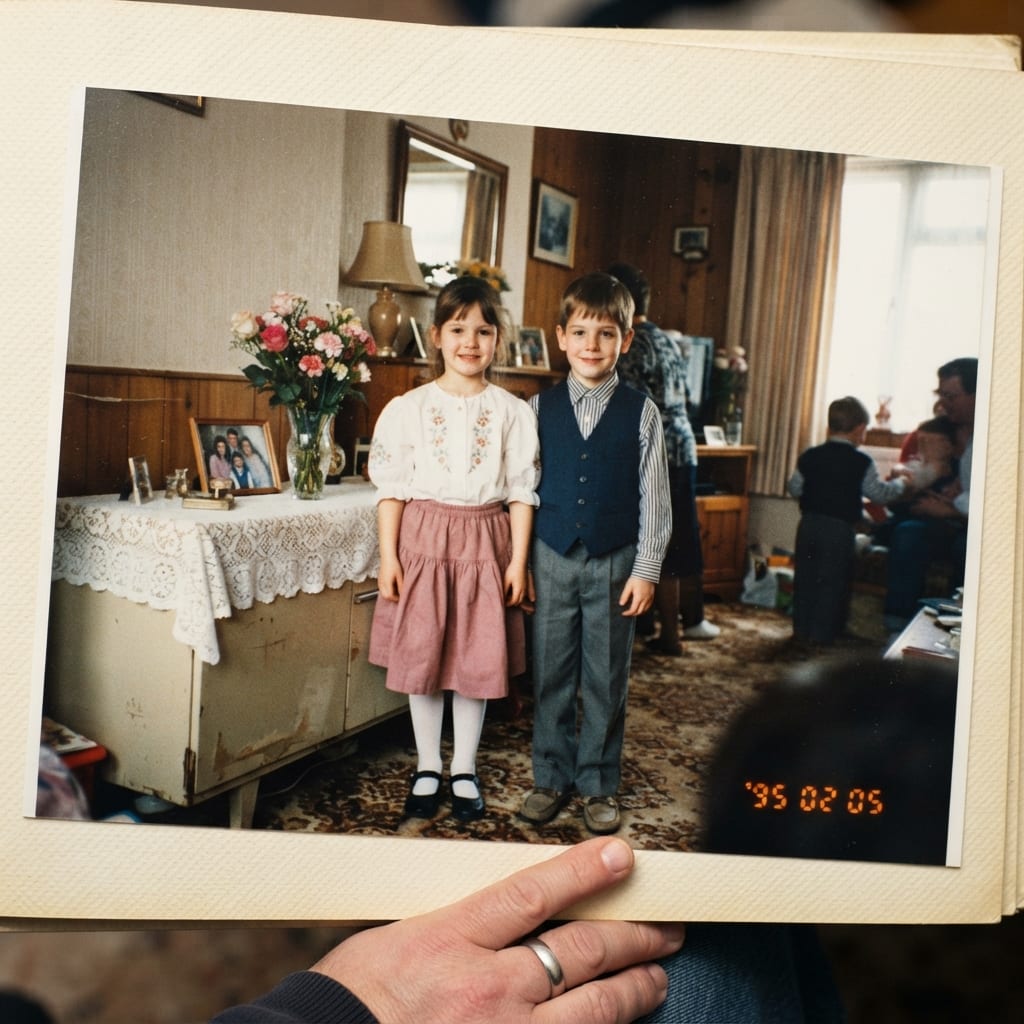 Une fillette en blouse brodée et un garçon en gilet ajusté posent avant une fête de famille, photo des années 80