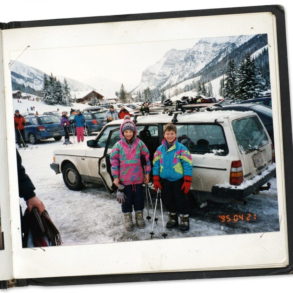 Deux enfants en coupe-vent fluo devant une voiture chargée de skis, photo de vacances à la montagne des années 90