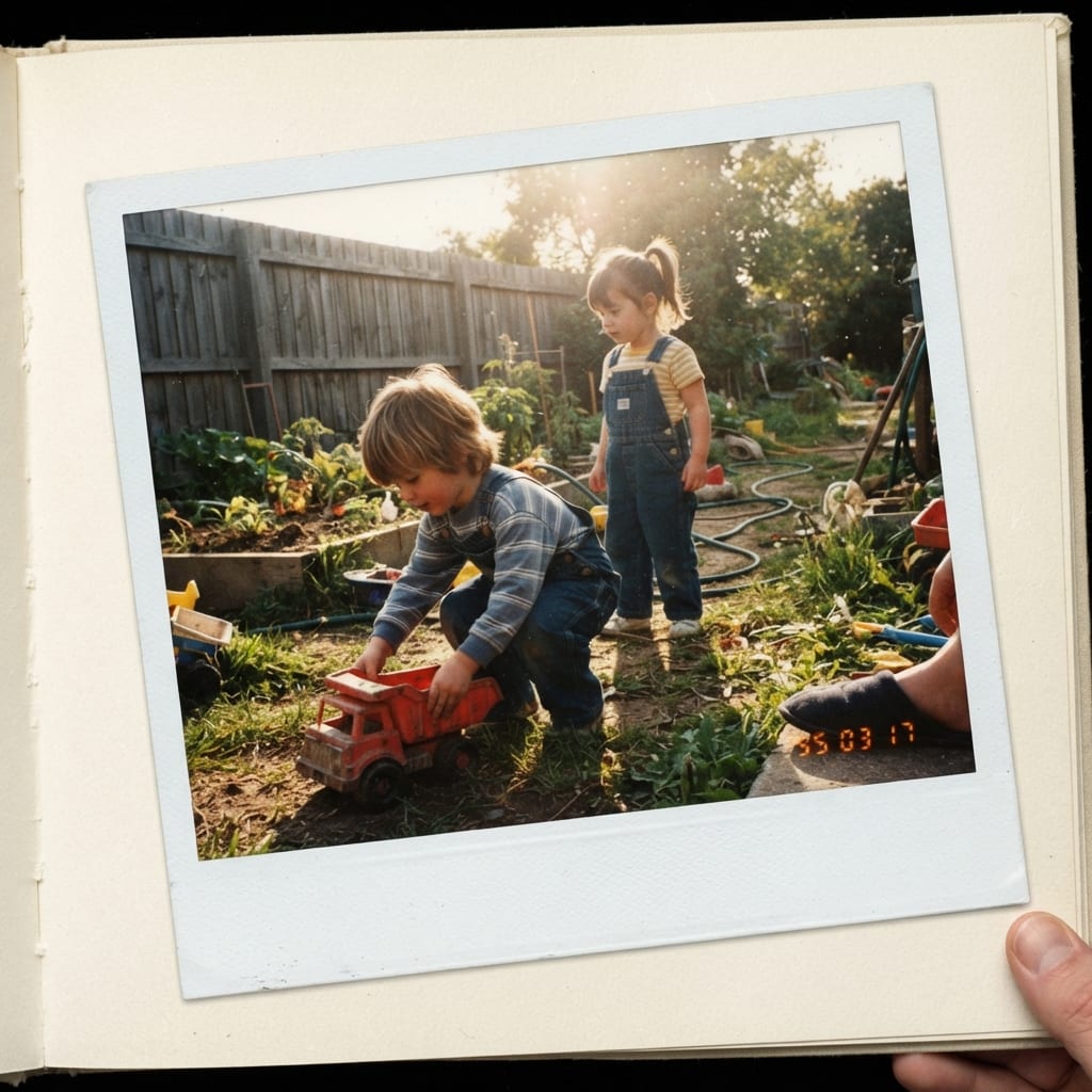 Deux enfants en salopette en jean qui jouent dans un jardin ensoleillé, photo de famille des années 80