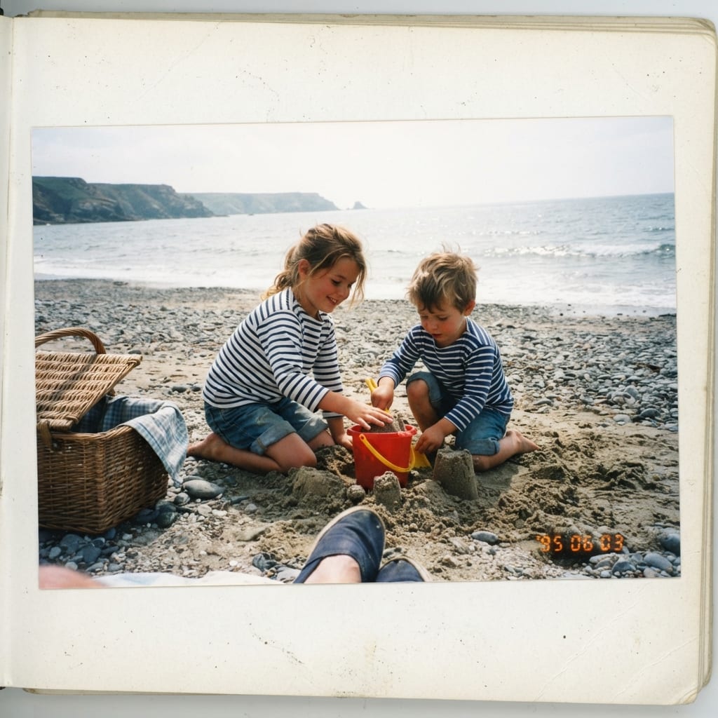 Deux enfants en marinière qui font un château de sable sur une plage bretonne, photo de vacances des années 90