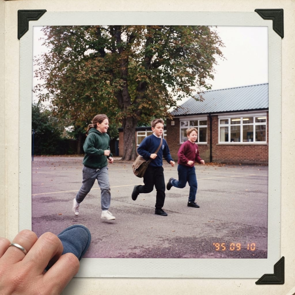 Trois écoliers en sweat et jogging qui courent dans la cour de récréation, photo des années 90